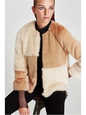 For The Republic Patchwork Teddy Jacket in Cream and Tan